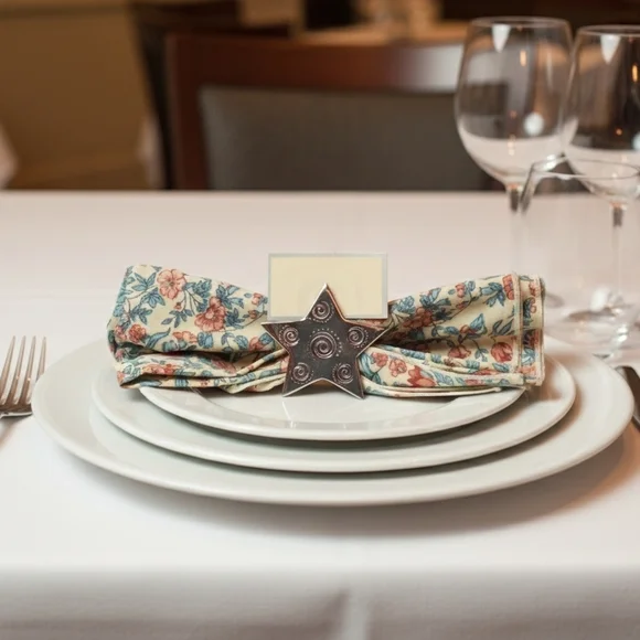 Pier One Star Napkin Rings 4 silver plate with 5 place card holders In box - Picture 3 of 12